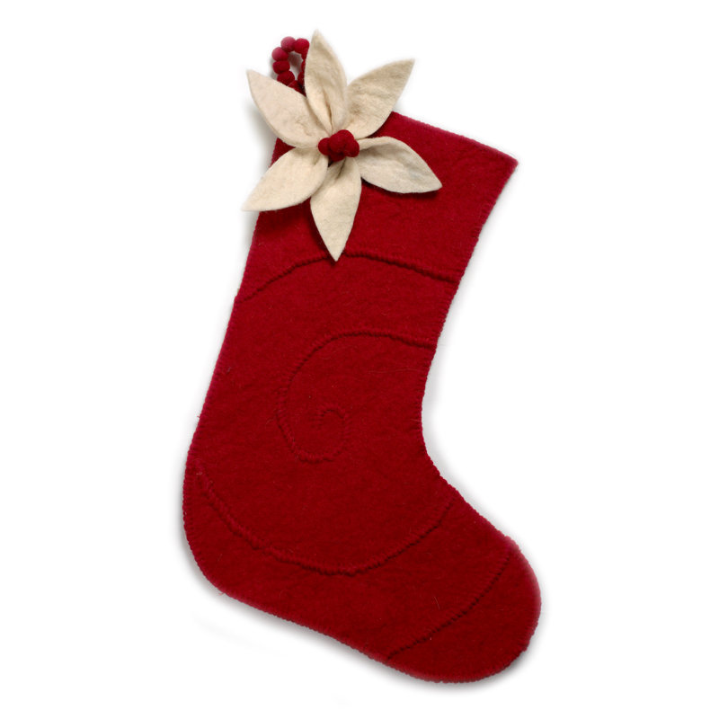 Handmade Red Wool Christmas Stocking with Poinsettia Design