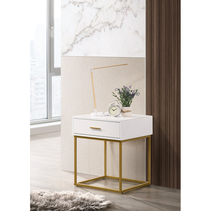 Catalina Mid-Century Modern White Rubberwood 1-Drawer Nightstand with Gold Legs