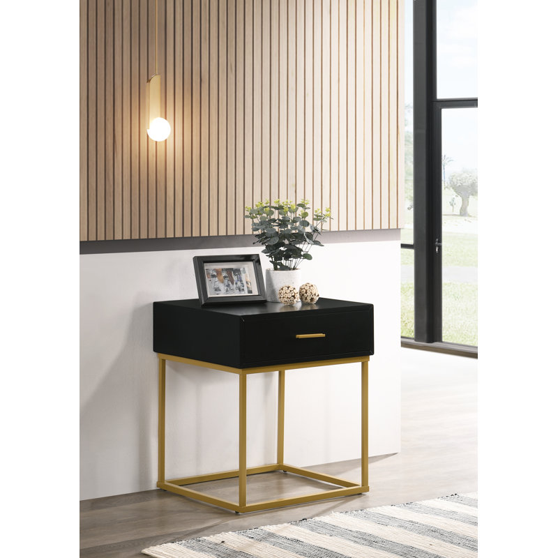Catalina Black Rubberwood Nightstand with Gold Accents
