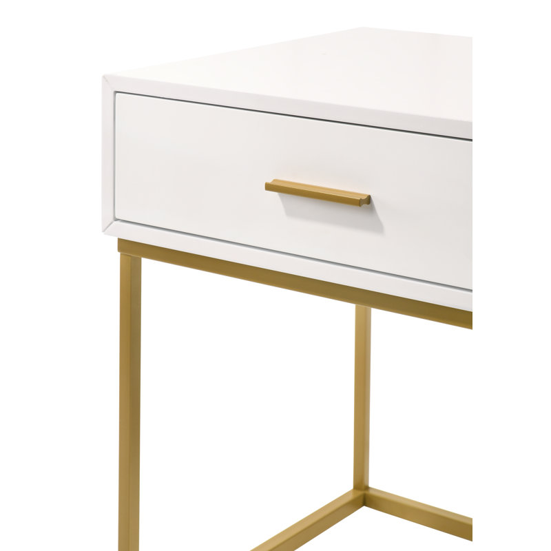 Catalina Mid-Century Modern White Rubberwood 1-Drawer Nightstand with Gold Legs
