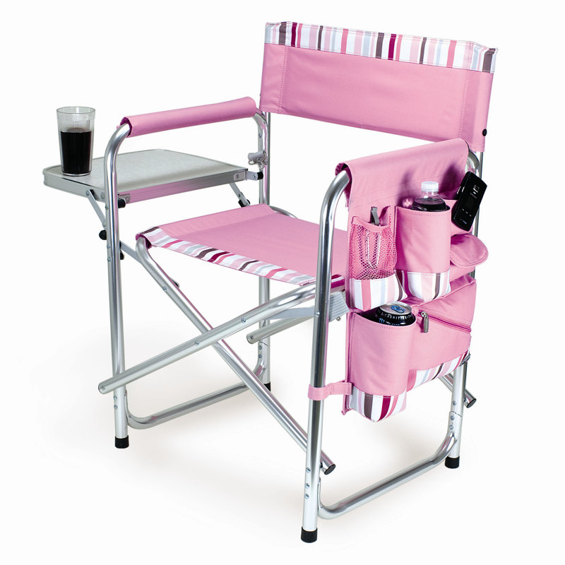 Pink Striped Aluminum Folding Camping Chair with Side Table