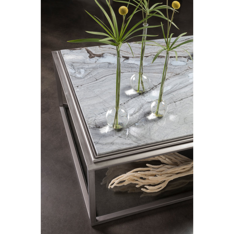Treville 48" Antiqued Silver Leaf Rectangular Cocktail Table with Blue Forest Marble Top