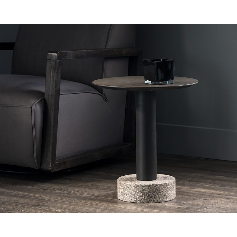 Round Black Oak and Marble End Table