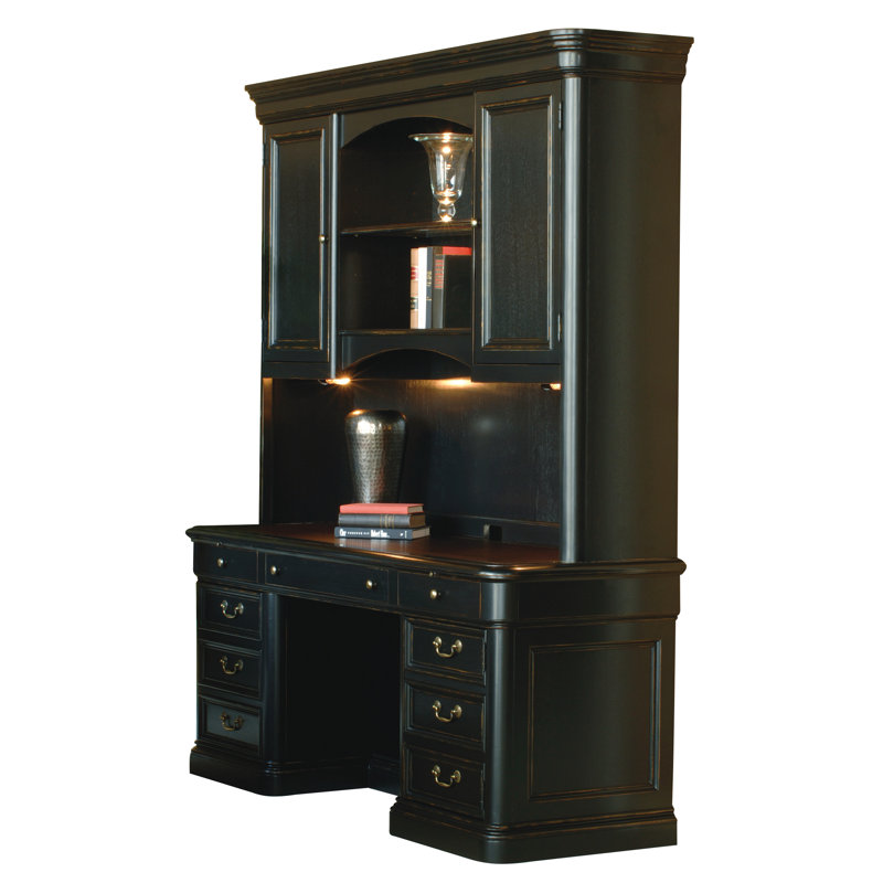 Executive Black-Brown Wood Desk with Power Outlet and Filing Cabinet
