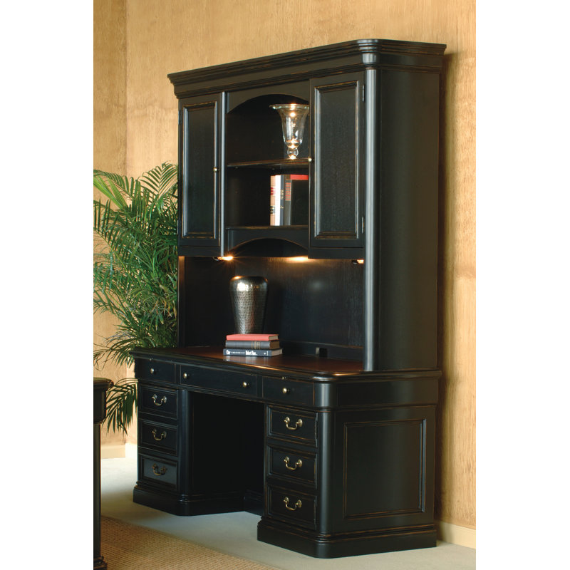 Executive Black-Brown Wood Desk with Power Outlet and Filing Cabinet
