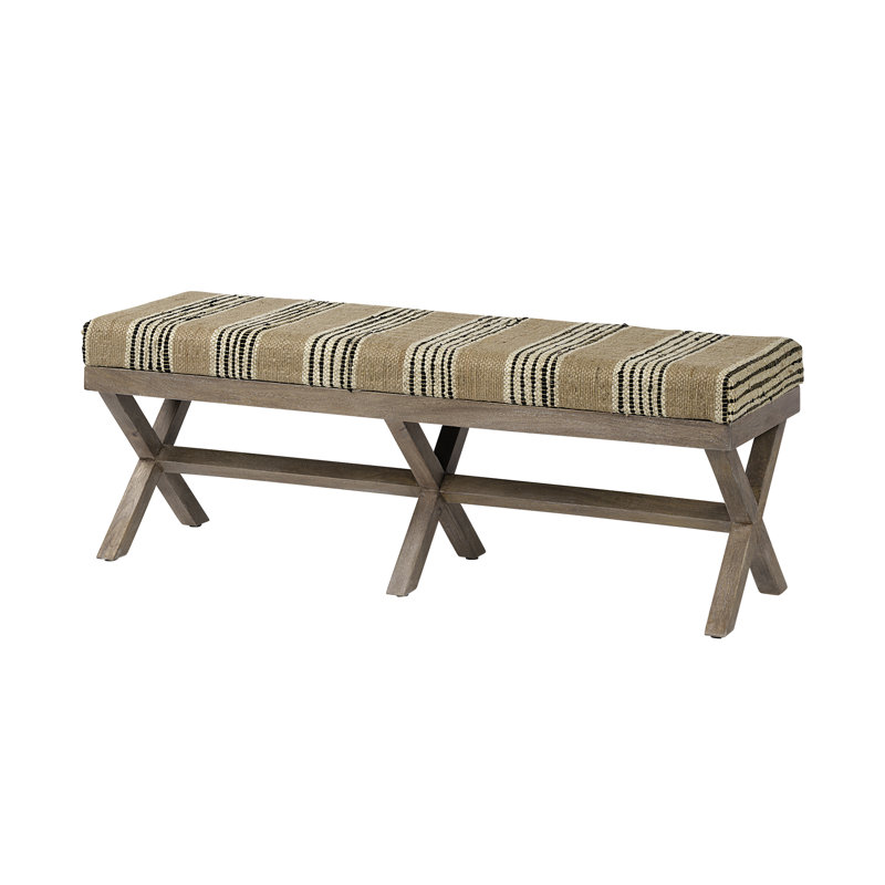 Solis Medium Brown Mango Wood Base with Beige & Black Striped Cushion Accent Bench