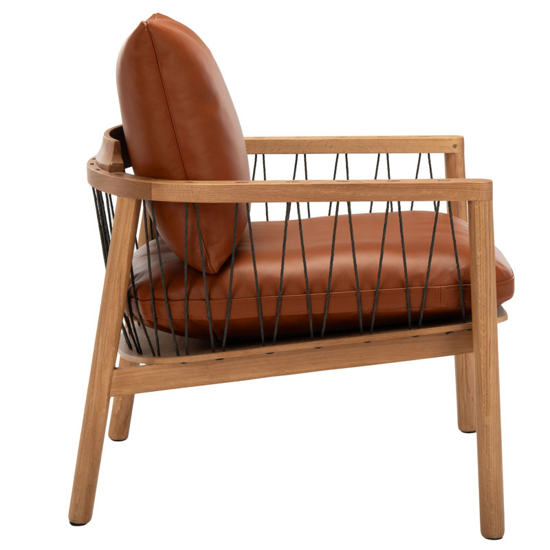 Brown Genuine Leather and Oak Armchair with Square Arms