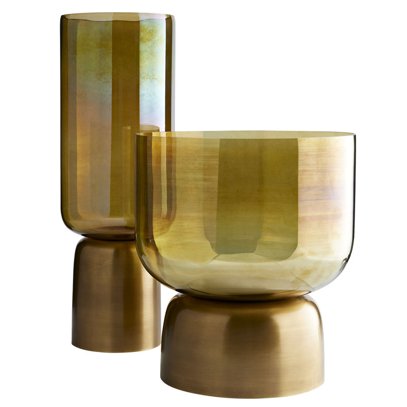 Burnt Smoke Luster Glass Vase with Brass Trim
