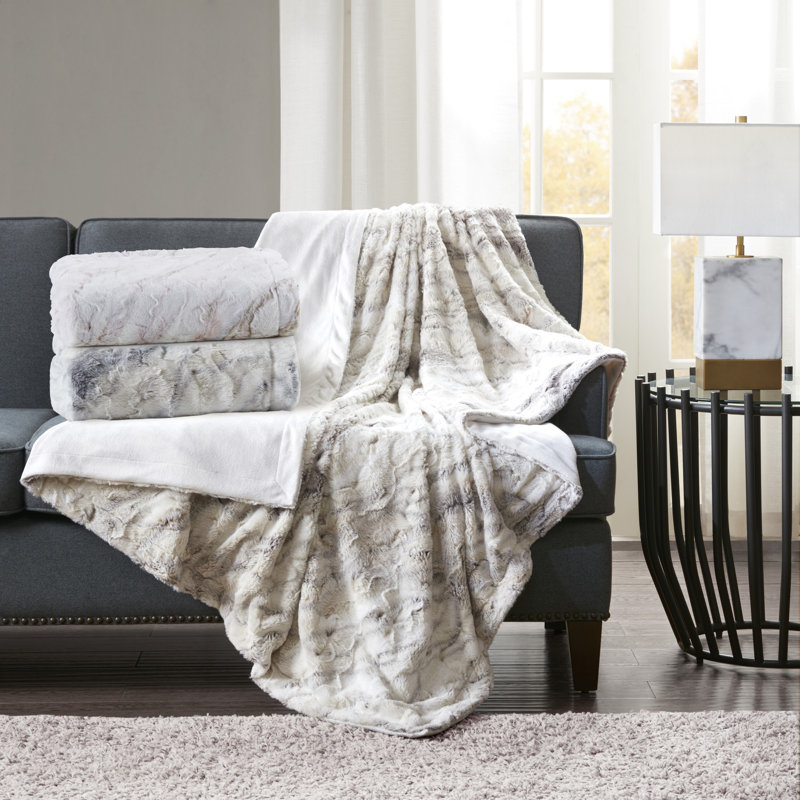 Luxurious Oversized Natural Faux Fur & Knit Throw Blanket 60"x70"