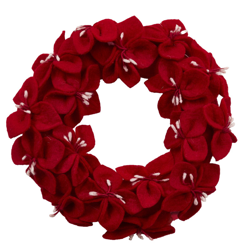 Handmade Red Felted Wool Winter Floral Wreath - 14"