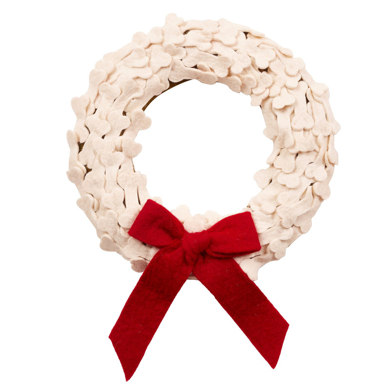 Handmade Cream Wool Dog Bone Wreath with Red Bow - 14"