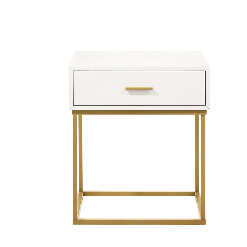 Catalina Mid-Century Modern White Rubberwood 1-Drawer Nightstand with Gold Legs