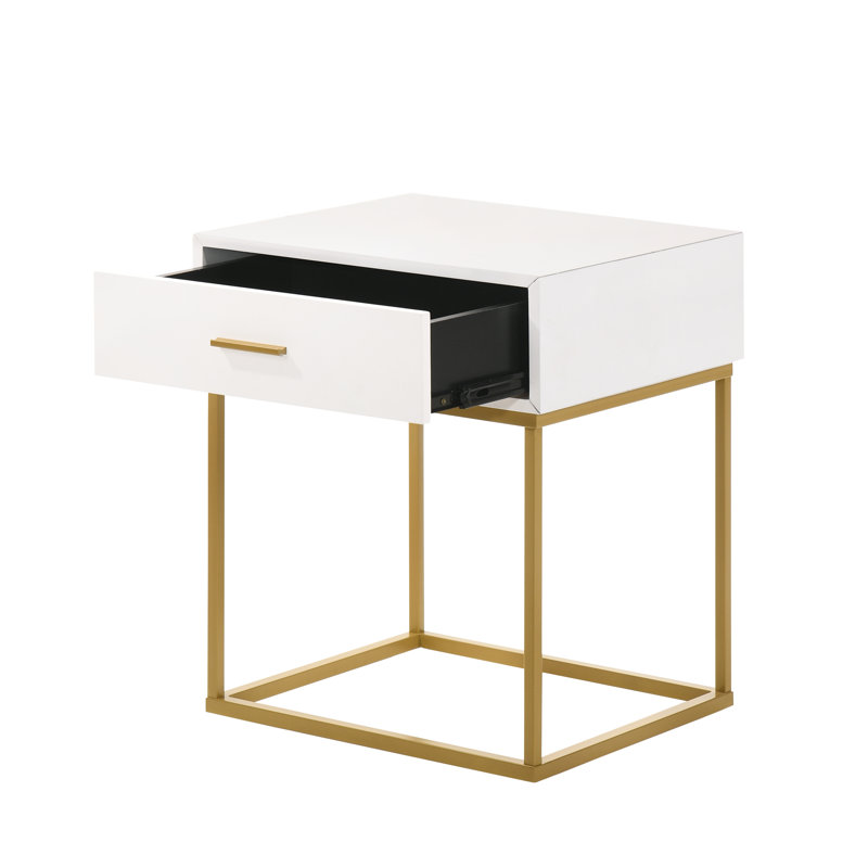 Catalina Mid-Century Modern White Rubberwood 1-Drawer Nightstand with Gold Legs