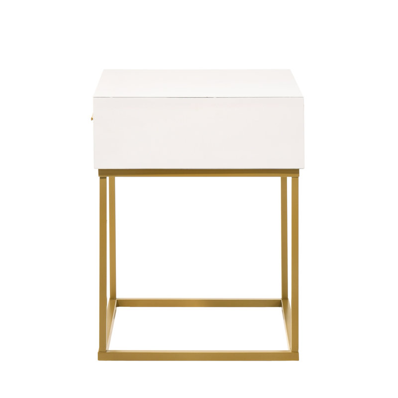 Catalina Mid-Century Modern White Rubberwood 1-Drawer Nightstand with Gold Legs