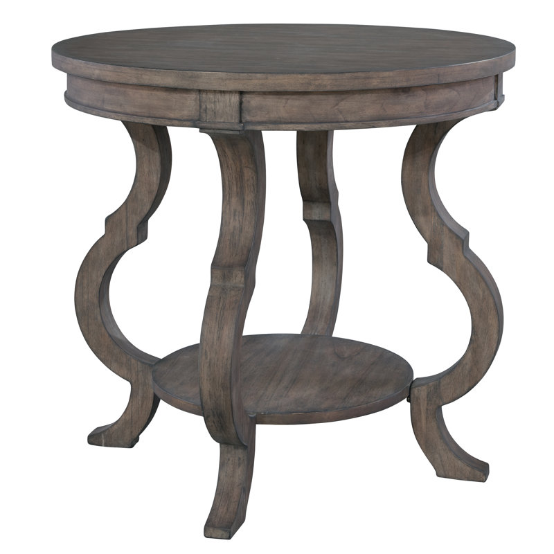 Traditional Gray-Brown Round Wood & Metal End Table with Storage