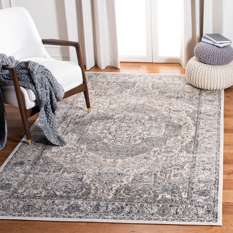 Elegant Ivory and Grey Floral Synthetic Area Rug, 8' x 10'