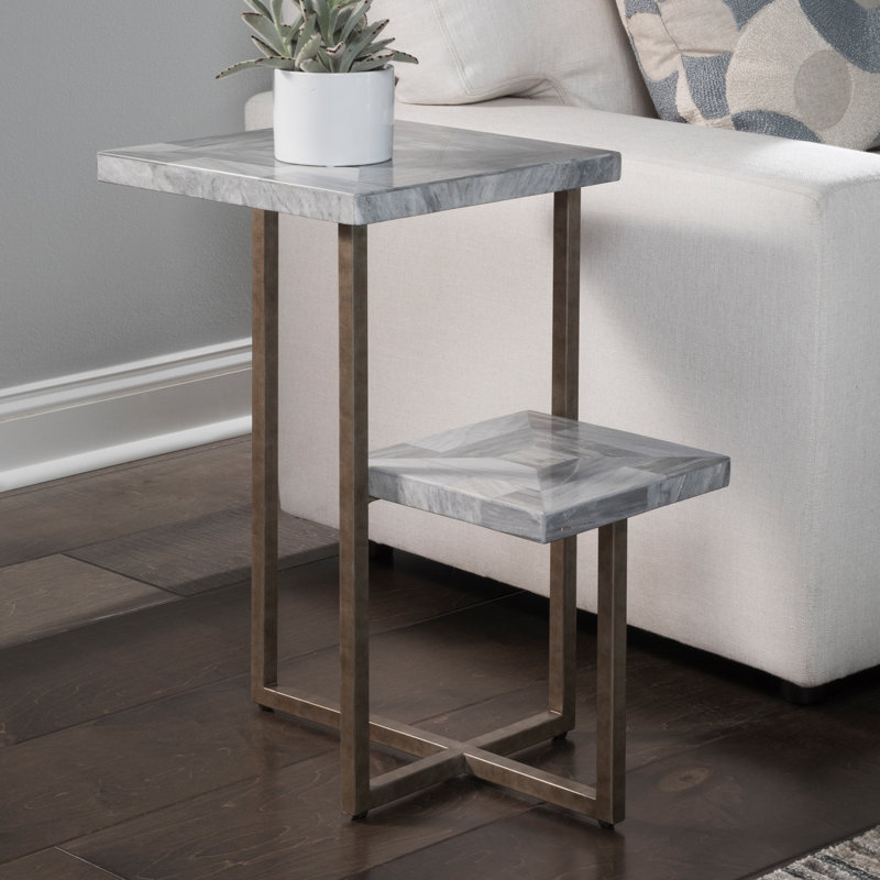 Silver Rectangular Stone and Metal Tiered Table