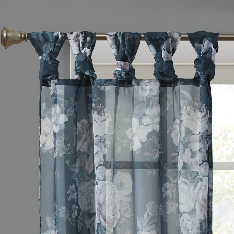 Navy Floral Twist Tab Top Sheer Polyester Curtain Panel