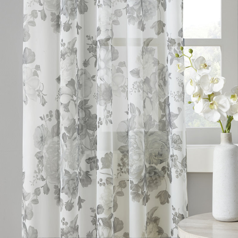 White Floral Sheer Rod Pocket Back Tab Curtain Panel