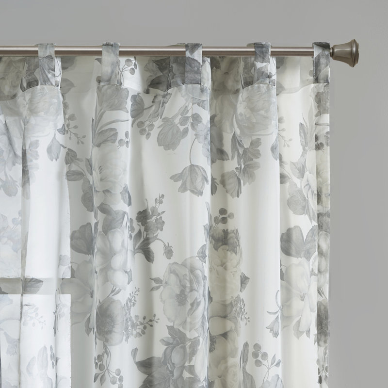 White Floral Sheer Rod Pocket Back Tab Curtain Panel