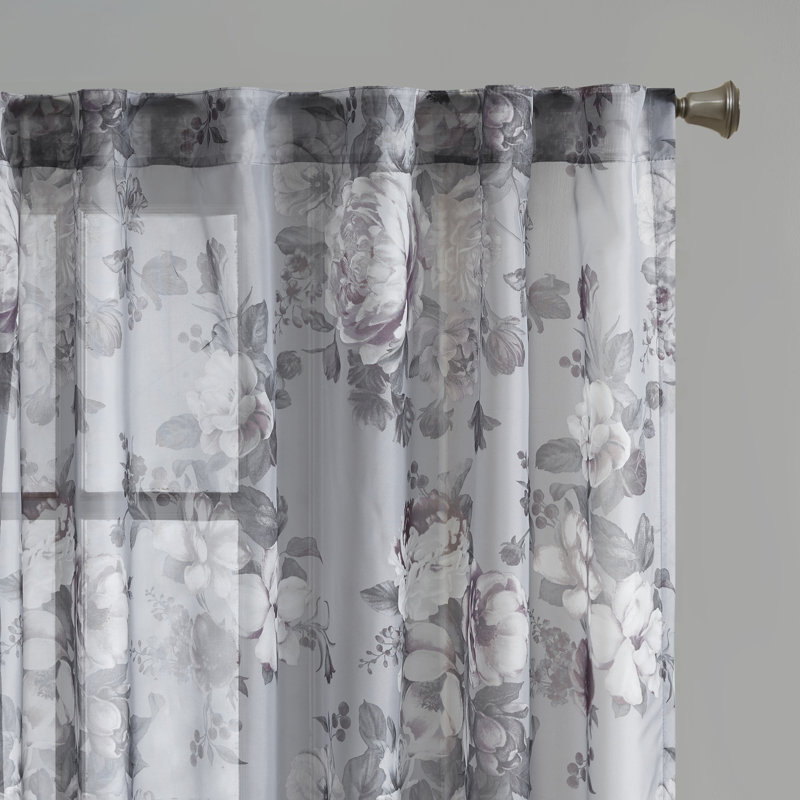 Gray Floral Sheer Rod Pocket and Back Tab Curtain Panel
