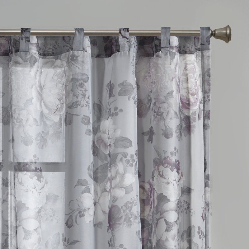 Gray Floral Sheer Rod Pocket and Back Tab Curtain Panel