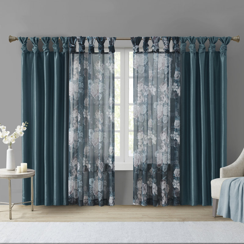 Navy Floral Twist Tab Top Sheer Polyester Curtain Panel