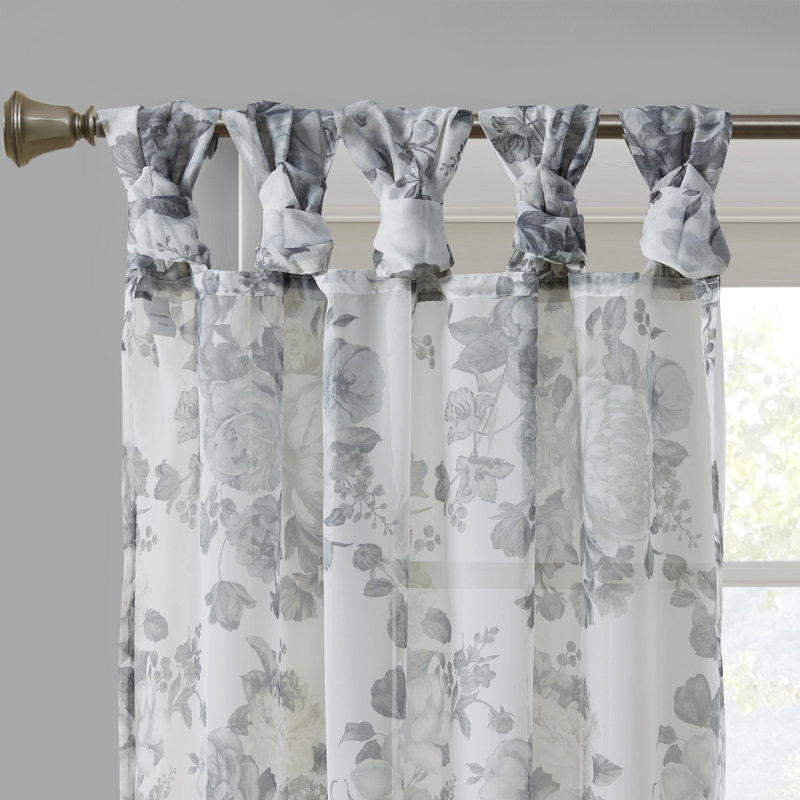 White Floral Twist Tab Top Sheer Polyester Curtain Panel