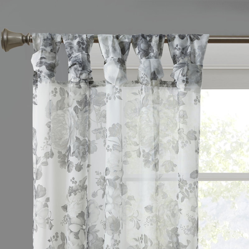 White Floral Twist Tab Top Sheer Polyester Curtain Panel