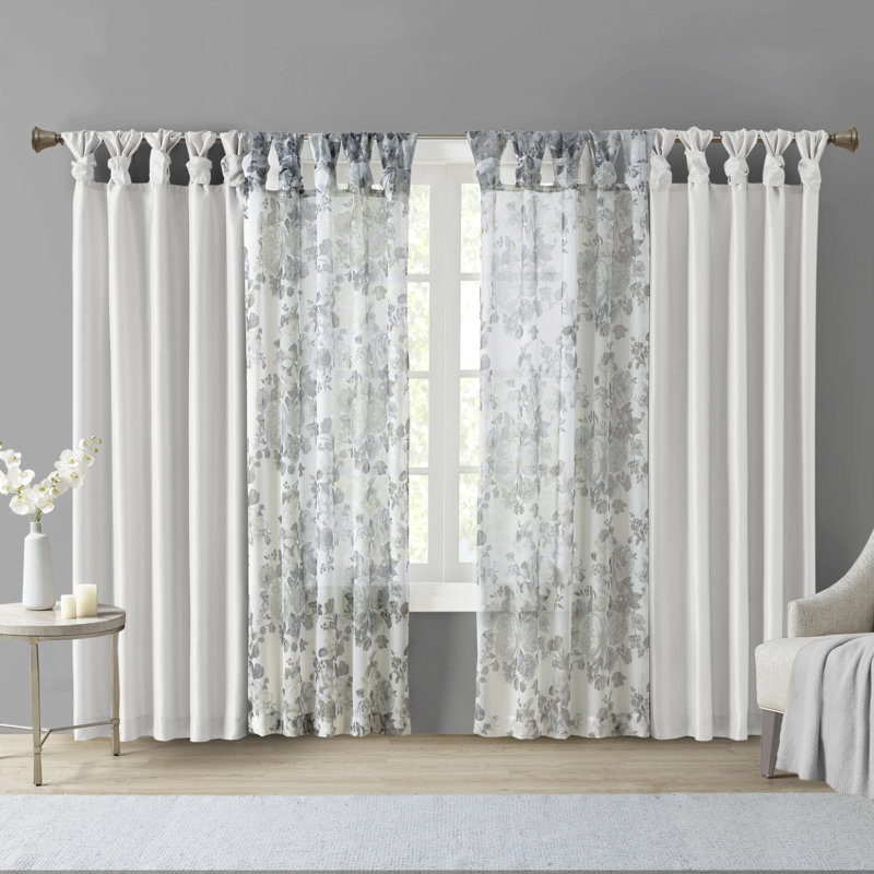 White Floral Twist Tab Top Sheer Polyester Curtain Panel