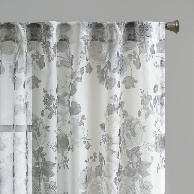 White Floral Sheer Rod Pocket Back Tab Curtain Panel
