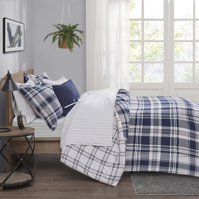 Navy Plaid Reversible Microfiber Queen Bed in a Bag Set