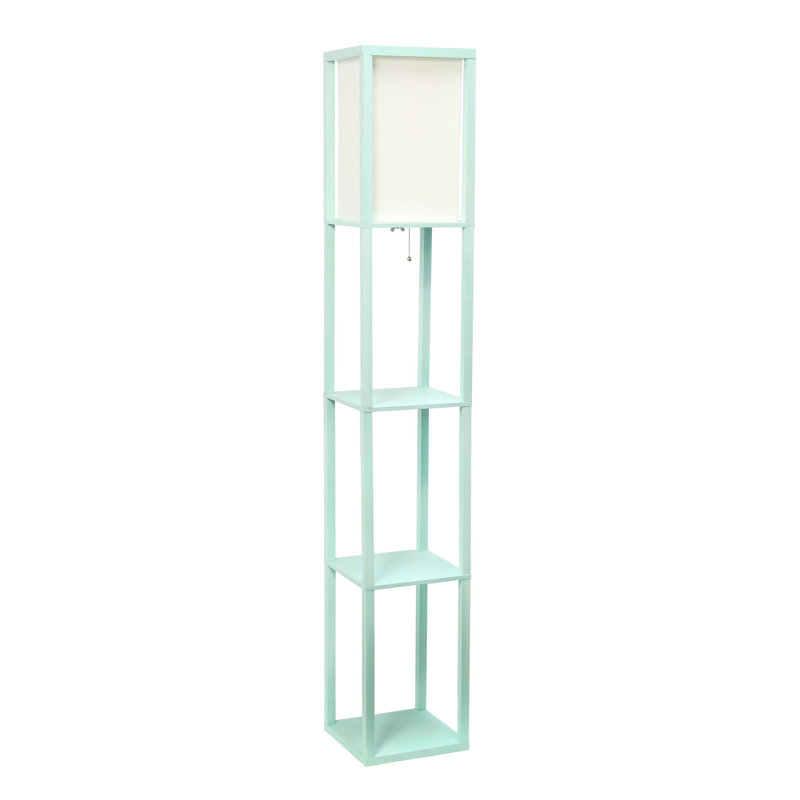 Aqua Transitional Floor Lamp with Linen Shade and Storage Shelf