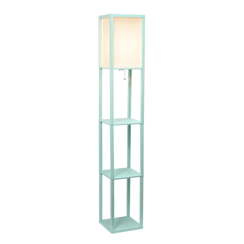 Aqua Transitional Floor Lamp with Linen Shade and Storage Shelf