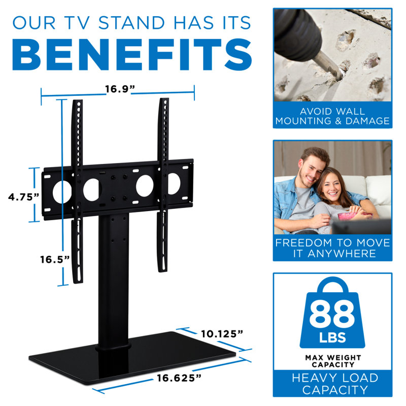 Adjustable Black Tempered Glass TV Stand with Media Shelf