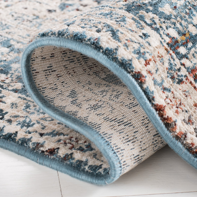 Ivory and Blue Hand-knotted Synthetic Area Rug