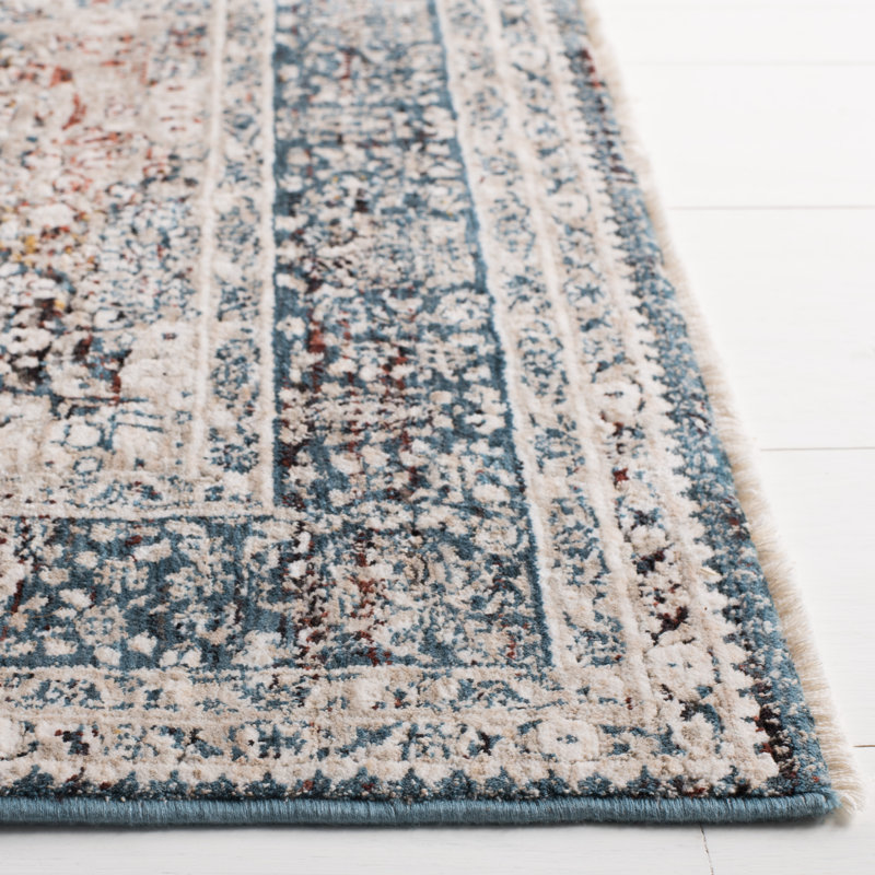 Ivory and Blue Hand-knotted Synthetic Area Rug