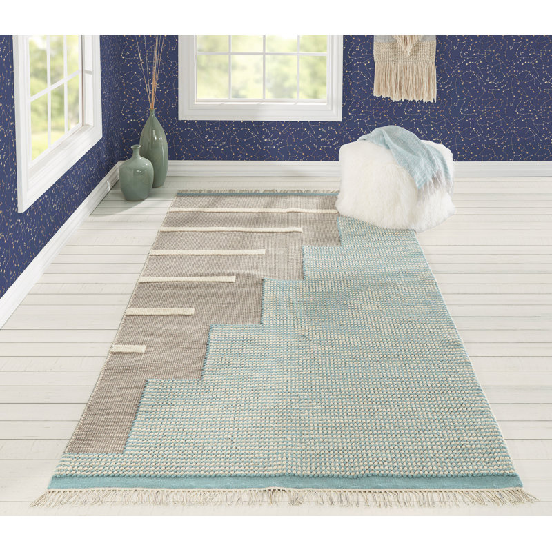 Karl Geometric Blue Wool 9' x 12' Handwoven Area Rug