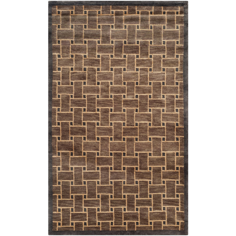 Tibetan Geometric Hand-Knotted Wool Rug, 9' x 12', Brown