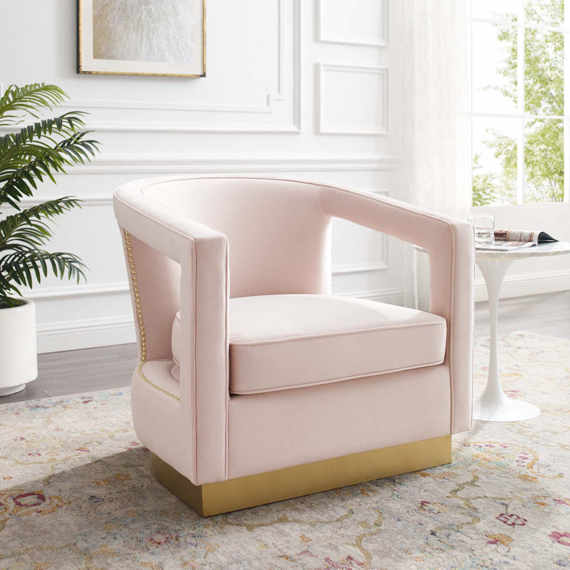 Pink Velvet Accent Chair with Gold Trim, 32"