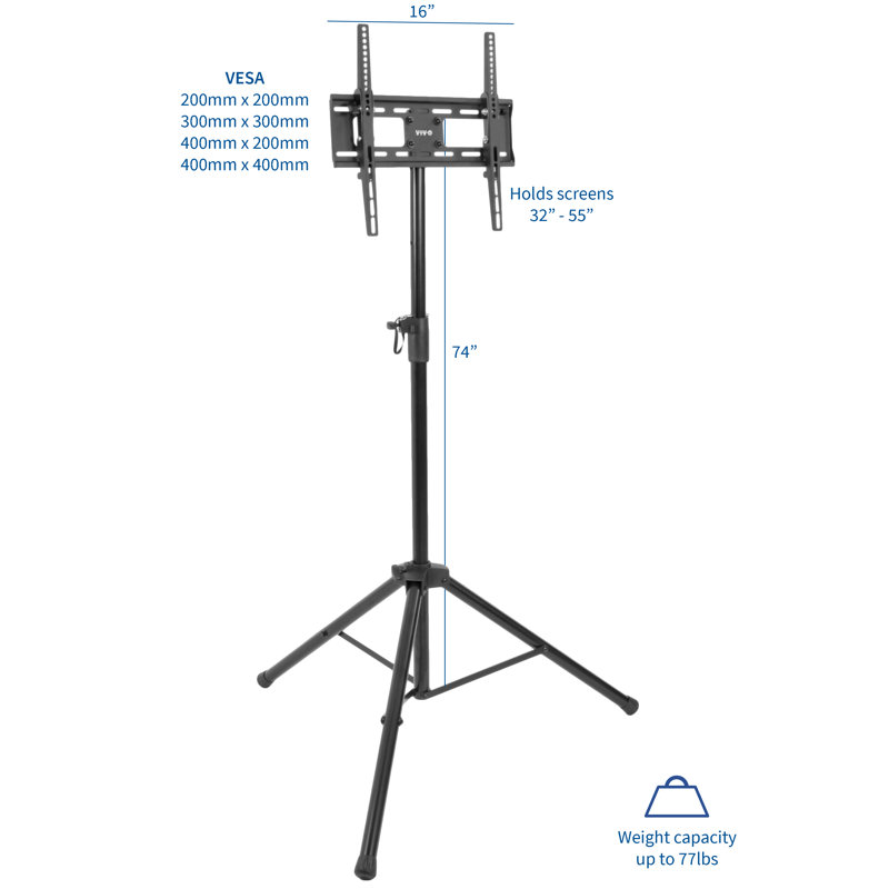 Adjustable Black Steel TV Stand 32"-55" with Tripod Design