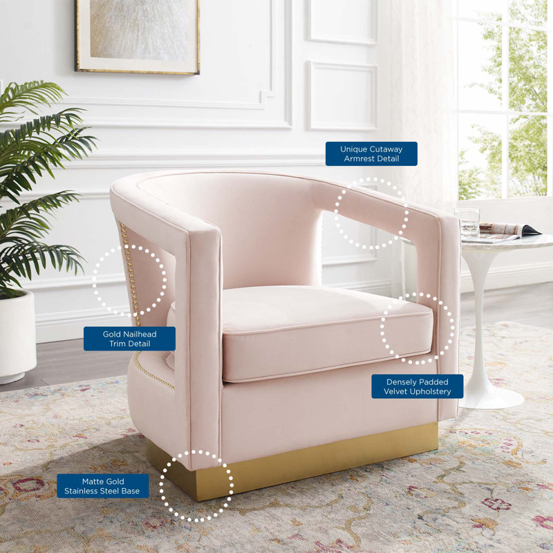 Pink Velvet Accent Chair with Gold Trim, 32"