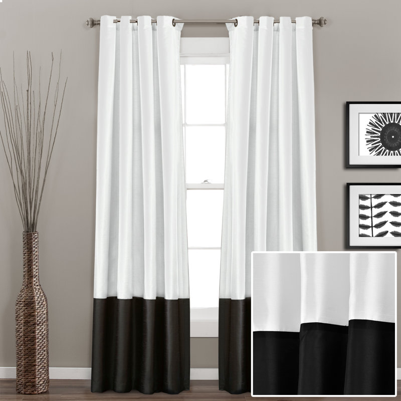White and Black Faux Silk Light-Filtering Grommet Curtains, 54" x 95"