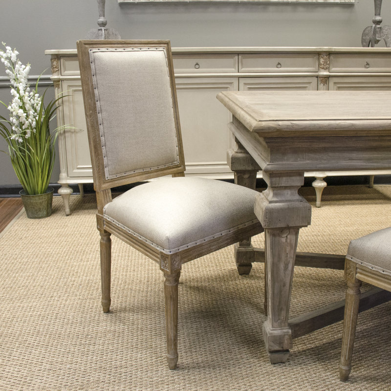 Limed Gray Oak Wood Side Chair with Hemp Upholstery