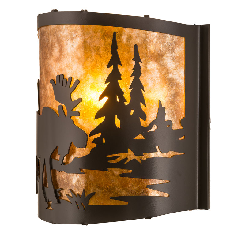 Timeless Bronze Moose and Trees Amber Glass Sconce