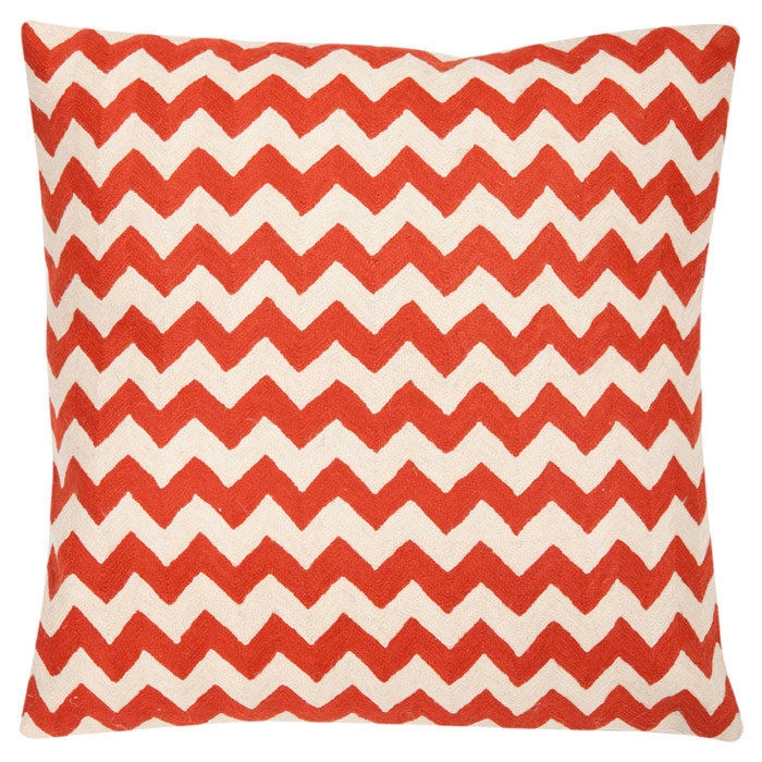 Orange and White Zig-Zag Embroidered Square Throw Pillows, Set of 2