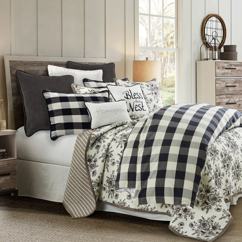 Camille Queen Black Cotton Buffalo Check Comforter Set - 3 Pieces