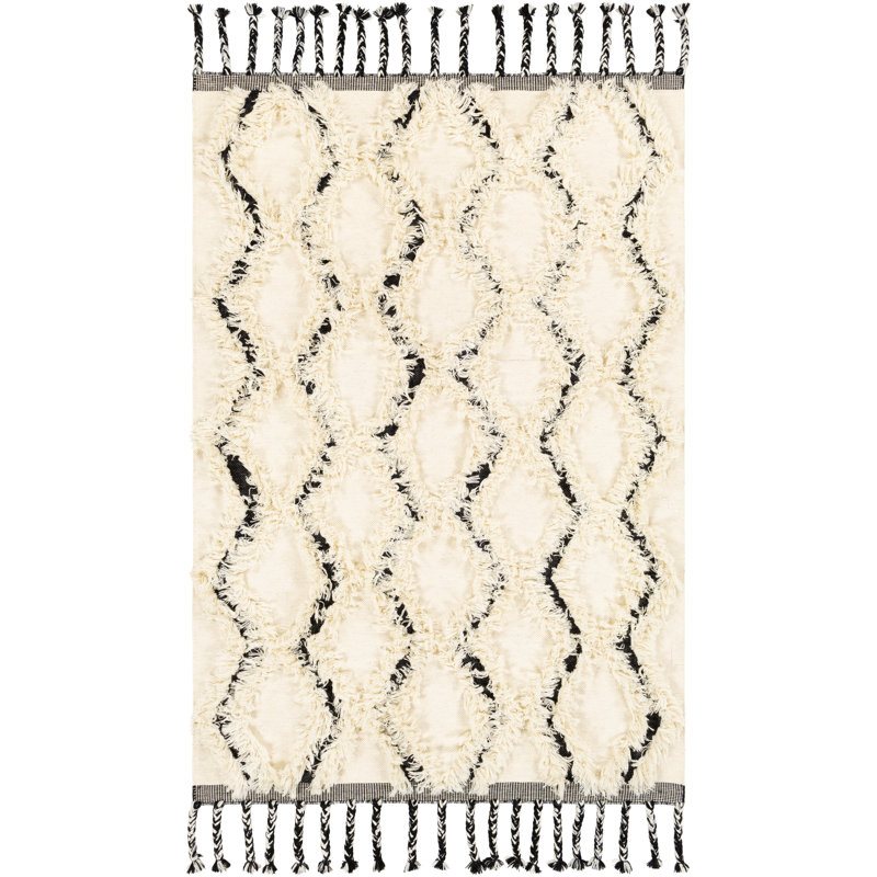 Black and Cream Wool Geometric 3' x 5' Area Rug