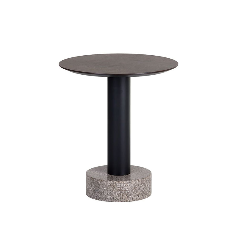 Round Black Oak and Marble End Table