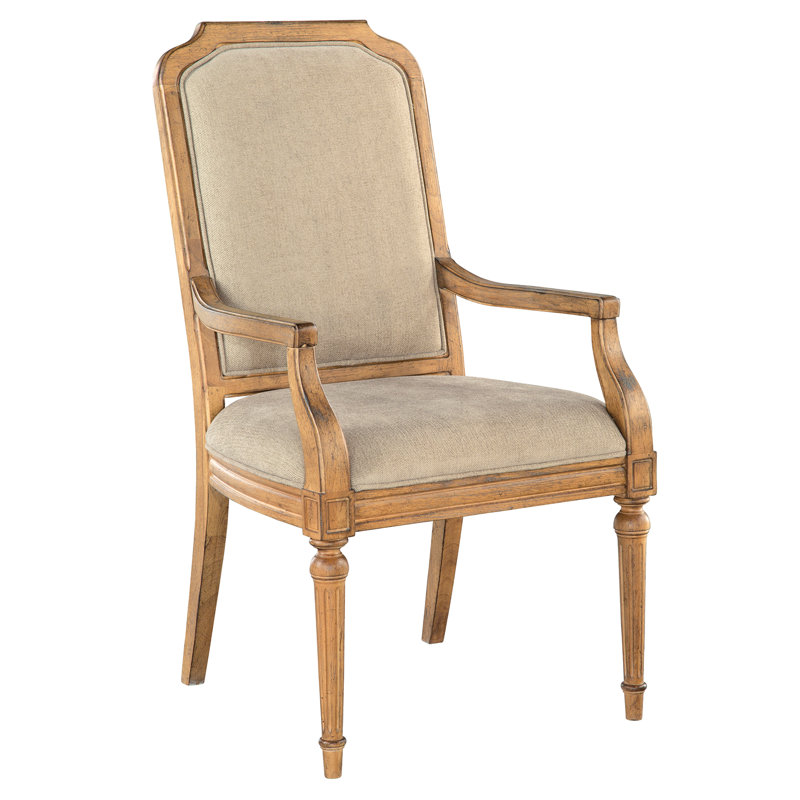 Beige Linen Upholstered Arm Chair with Wooden Legs